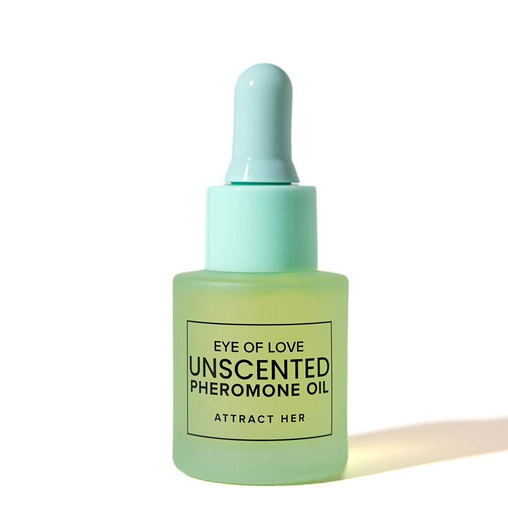 Eye Of Love Unscented Pheromone Concentrate Oil Attract Her 20 ml in a dropper bottle design.