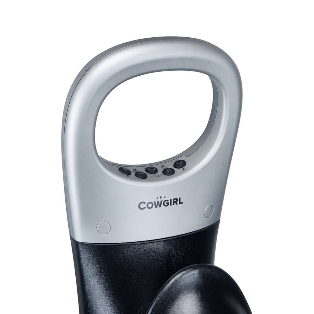 The Cowgirl Thrust Rider Premium Sex Machine ergonomic handle with control panel for adjustable thrusting modes.