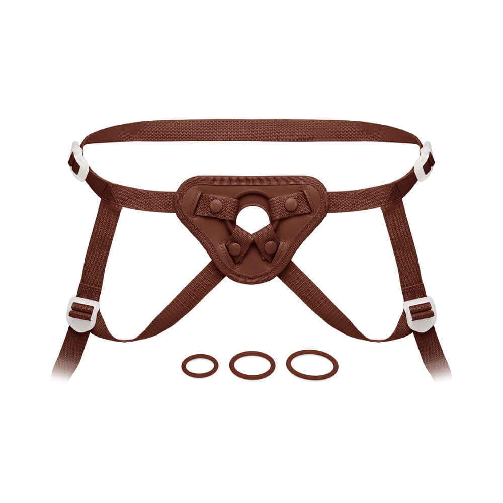 Together Toy Nudefit Strap-on Harness Dark with adjustable straps and rings for a custom fit.