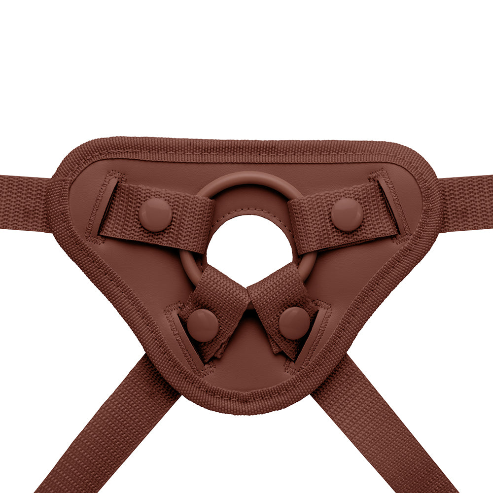 Together Toy Nudefit Strap-on Harness Dark close-up of adjustable fittings and straps on a brown harness