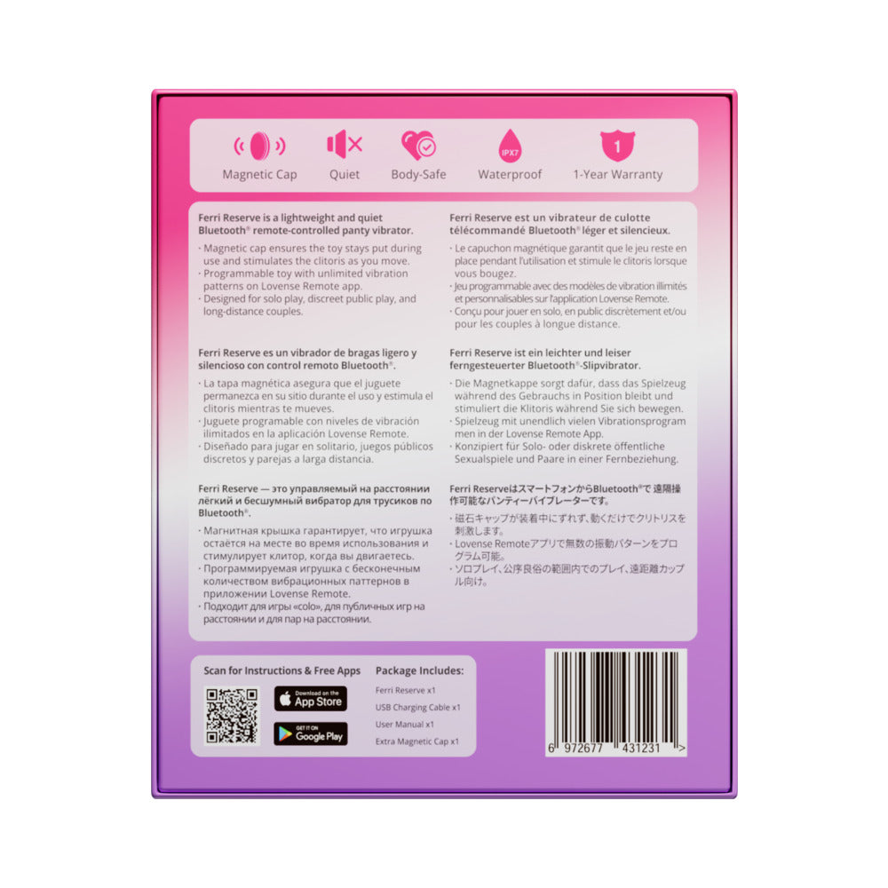 Back packaging of Lovense Ferri Reserve App Control Panty Vibrator Lavender with features and instructions.