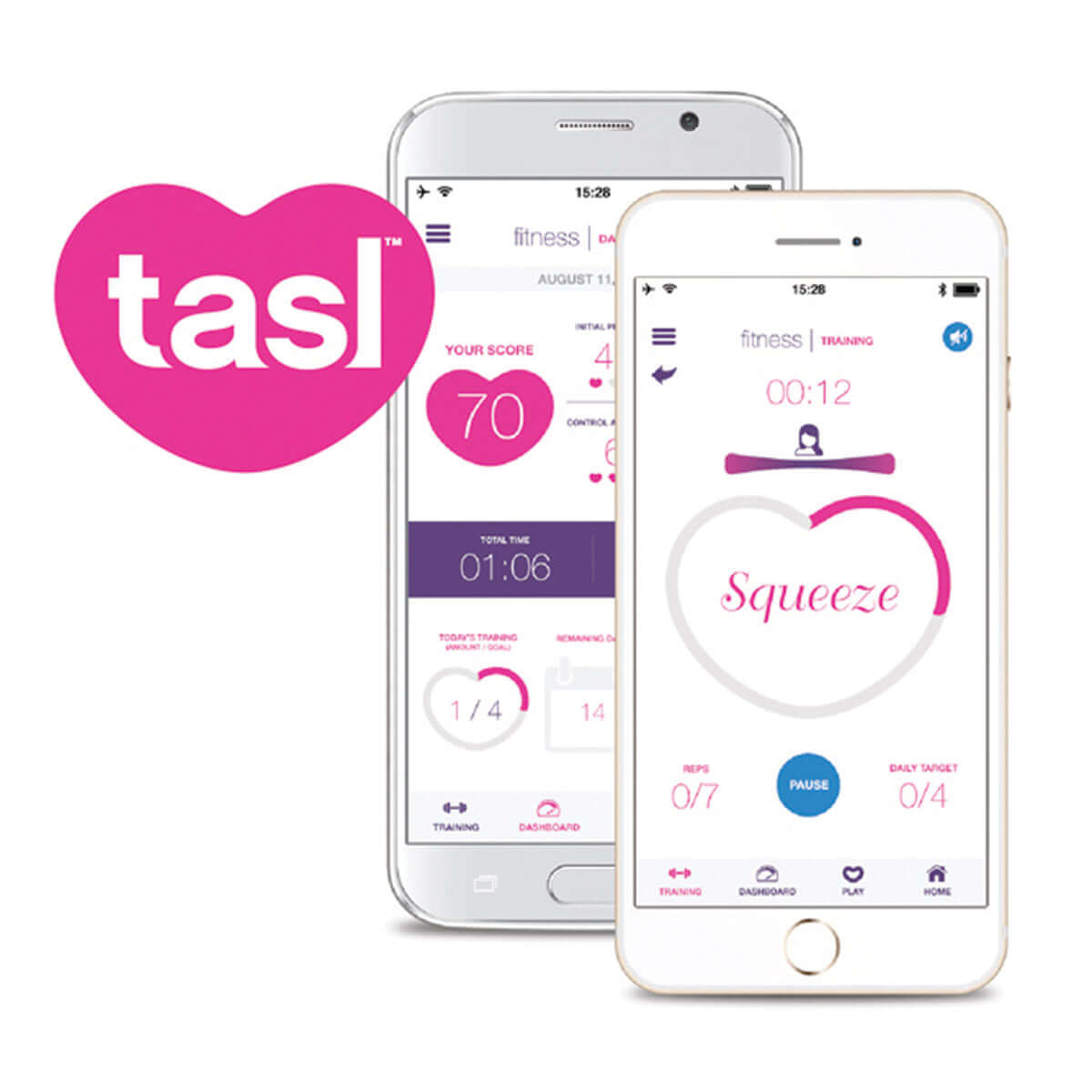 OhMiBod LoveLife Krush Smart Kegel Fitness Pink app interface showing fitness stats and training features.