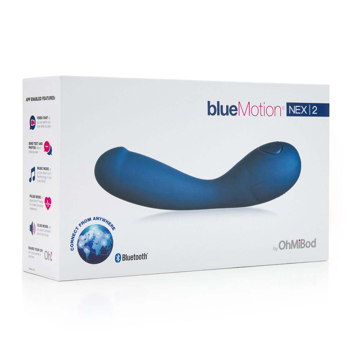 OhMiBod blueMotion NEX2 G-Spot Vibrator packaging showcasing Bluetooth connectivity and interactive features.