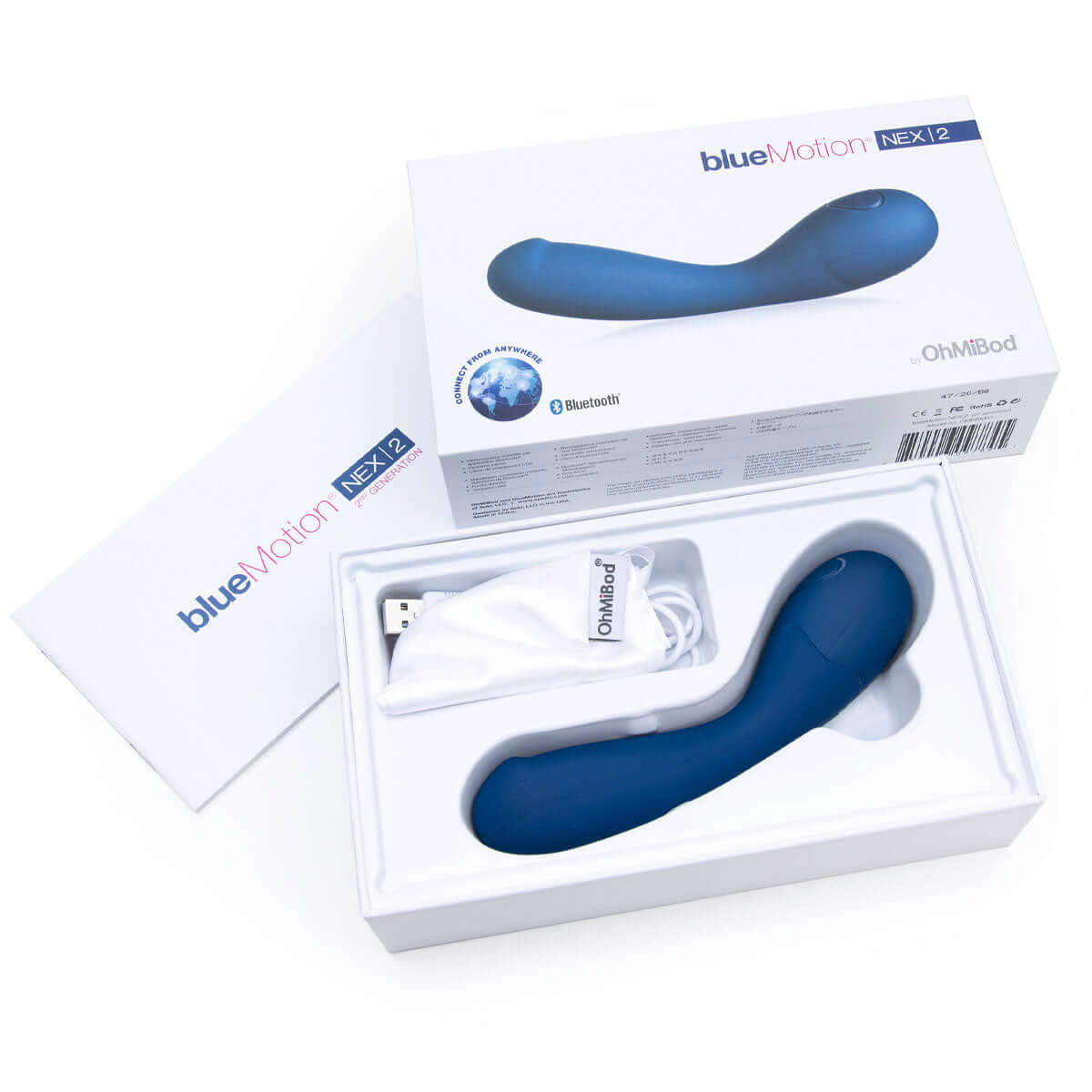 OhMiBod blueMotion NEX2 G-Spot Vibrator packaged in box with charger and storage bag.