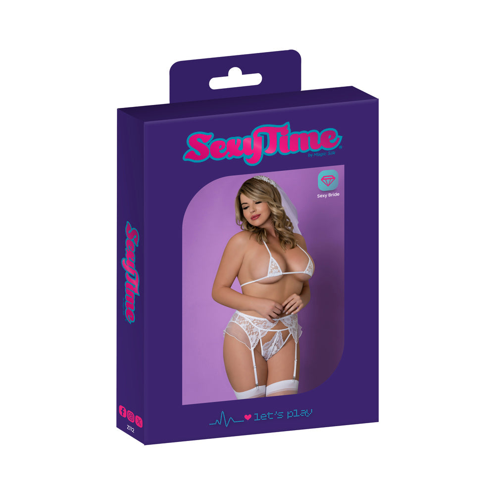 Magic Silk Sexy Time Ever After Bride Costume White Queen lingerie packaging with model wearing the outfit.