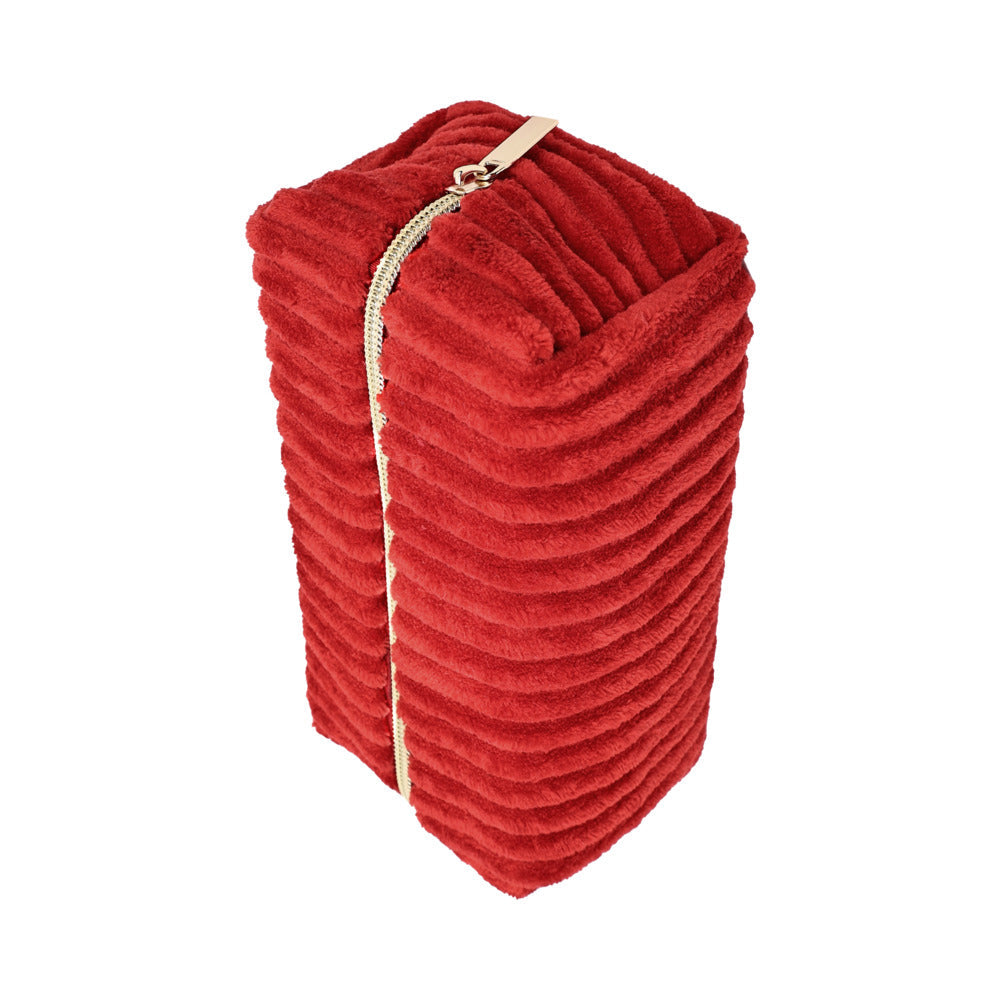 Adam & Eve Eve's Plush Toy Storage Bag in red plush with textured microfiber and zipper closure.