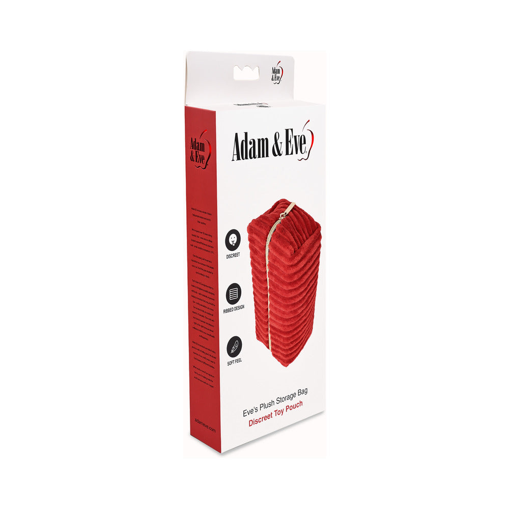Adam & Eve Eve's Plush Toy Storage Bag packaging featuring a plush, textured design and discreet zipper.