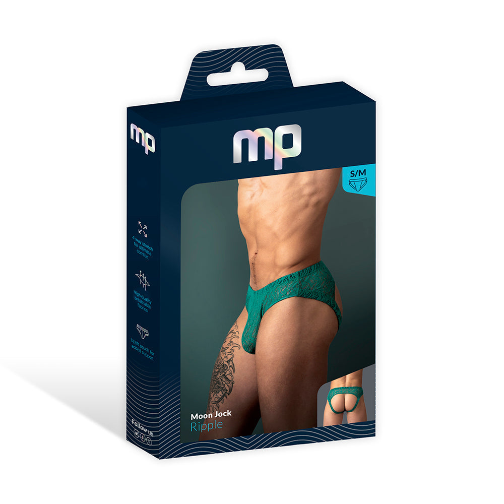 Male Power Ripple Moon Jock Teal S/M packaging featuring modern design and eye-catching lace details.