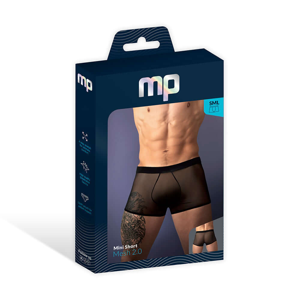 Male Power Mesh 2.0 Mini Short Black XL packaging display with model wearing mini shorts.