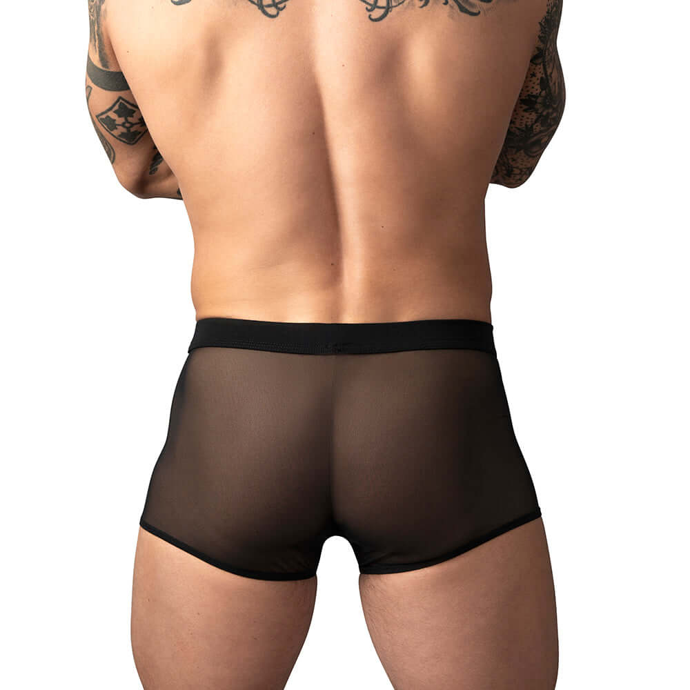 Male Power Mesh 2.0 Mini Short Black XL on a male model showcasing the back view and lightweight mesh design.