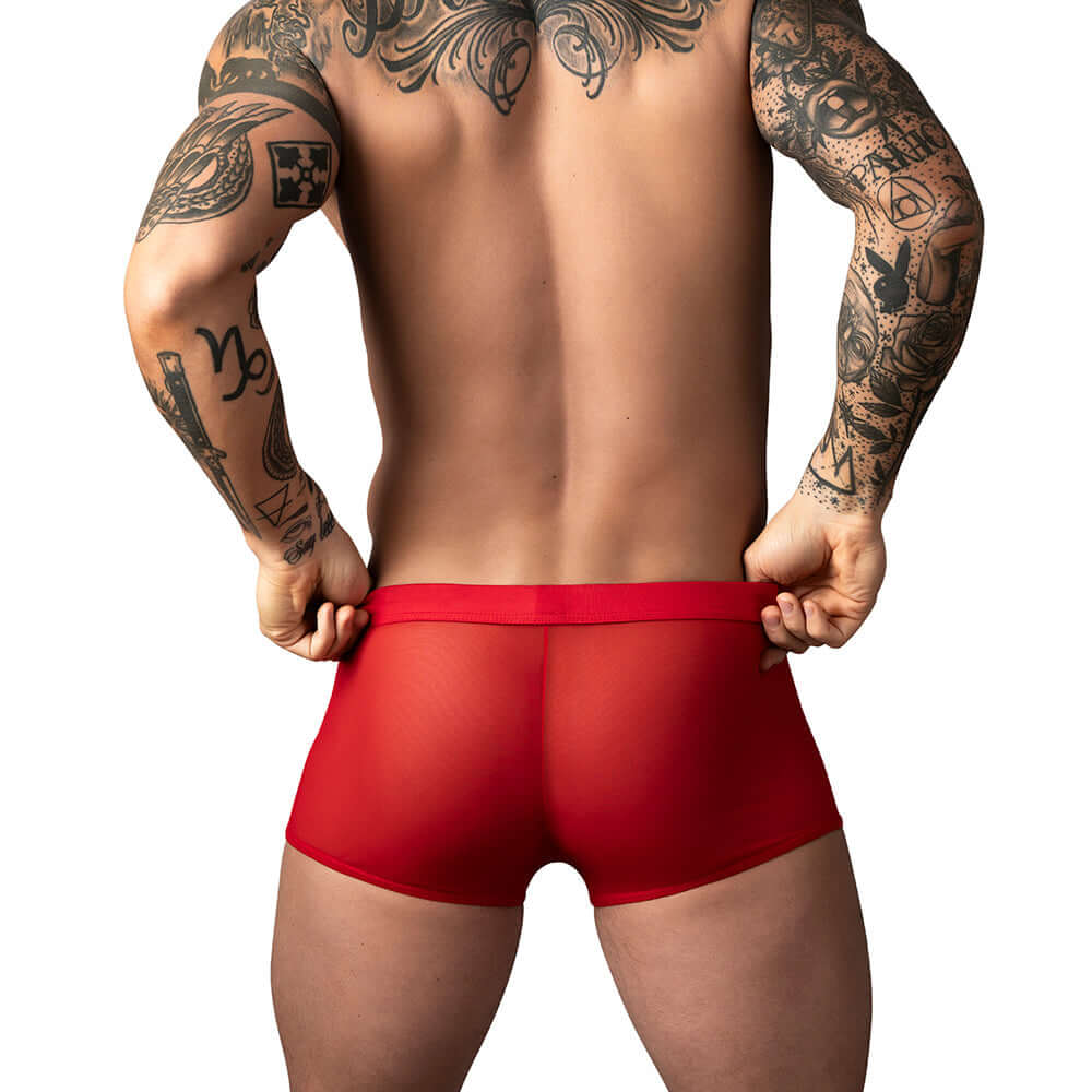 Male Power Mesh 2.0 Mini Short Red M showcasing sporty design and breathable comfort, ideal for everyday wear.