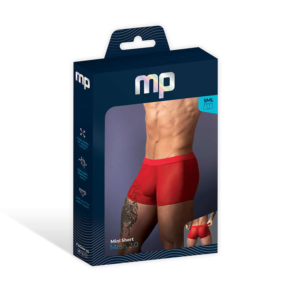 Male Power Mesh 2.0 Mini Short Red XL packaging featuring the product design and sizing information.