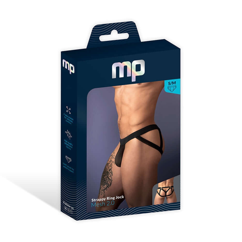 Male Power Mesh 2.0 Strappy Ring Jock Black S M packaging with stylish mesh design and model display.