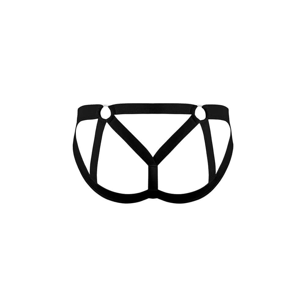Male Power Mesh 2.0 Strappy Ring Jock Black S M showcasing a bold design with breathable stretch mesh and supportive ring-front pouch.