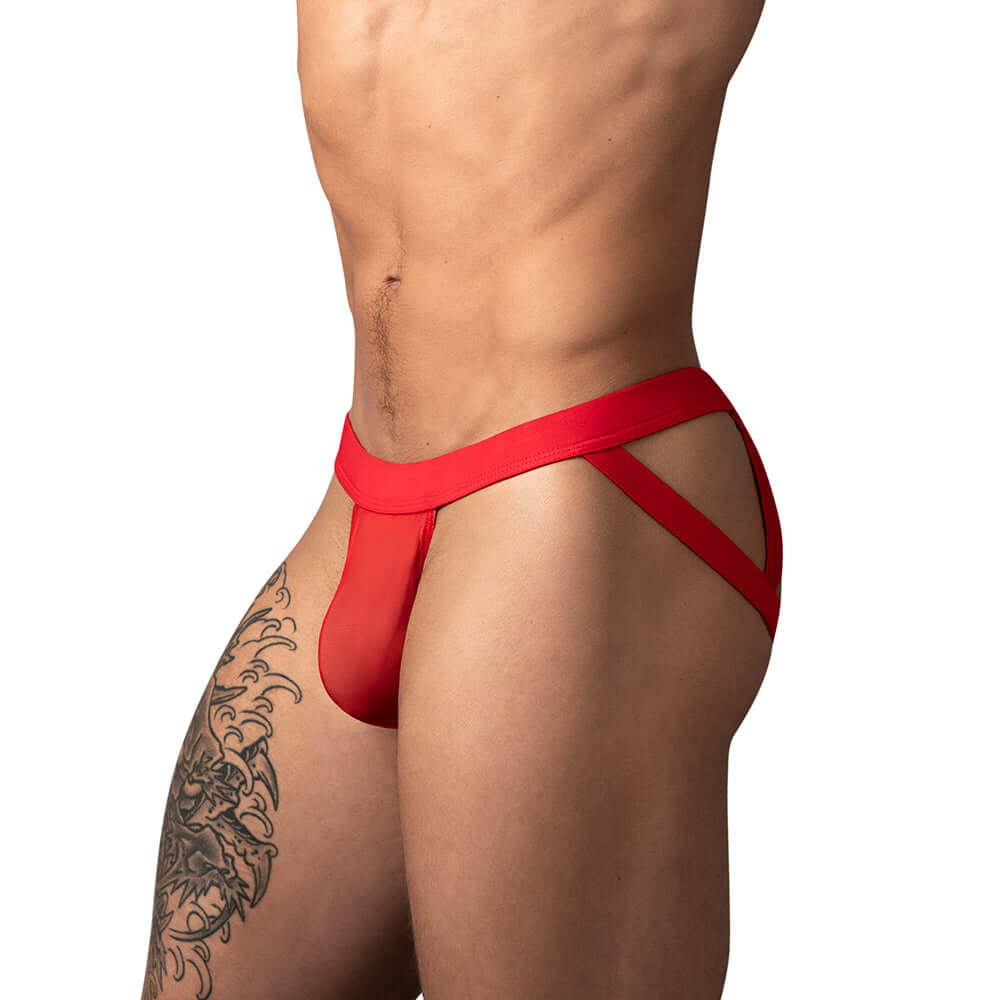 Male Power Mesh 2.0 Strappy Ring Jock Red S M model showcasing athletic design and support.