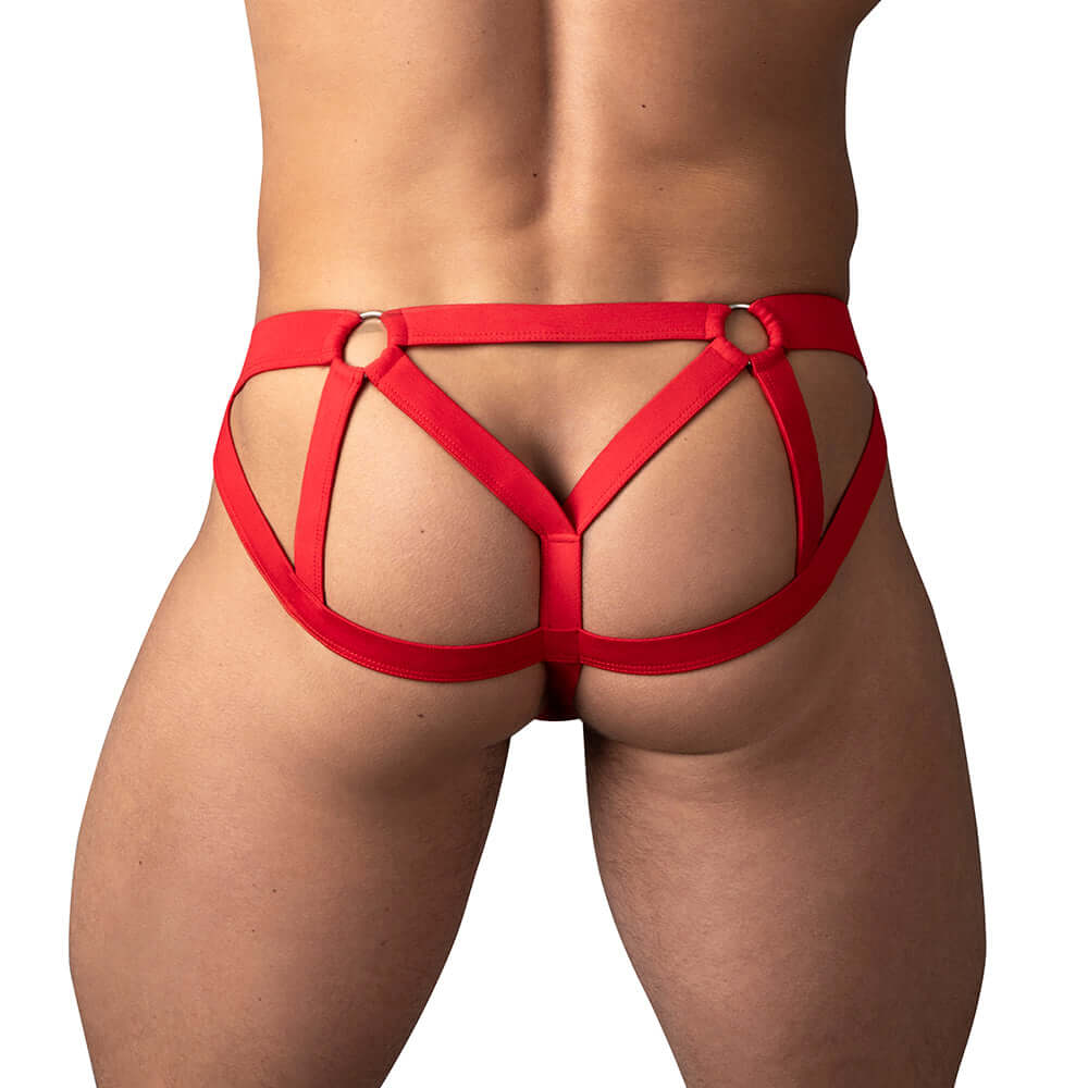 Male Power Mesh 2.0 Strappy Ring Jock Red S M showcasing a bold design and supportive fit from the back.