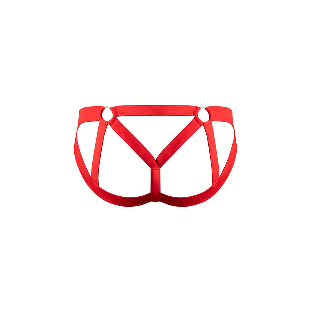 Male Power Mesh 2.0 Strappy Ring Jock Red S M featuring a bold strappy design and breathable mesh fabric.