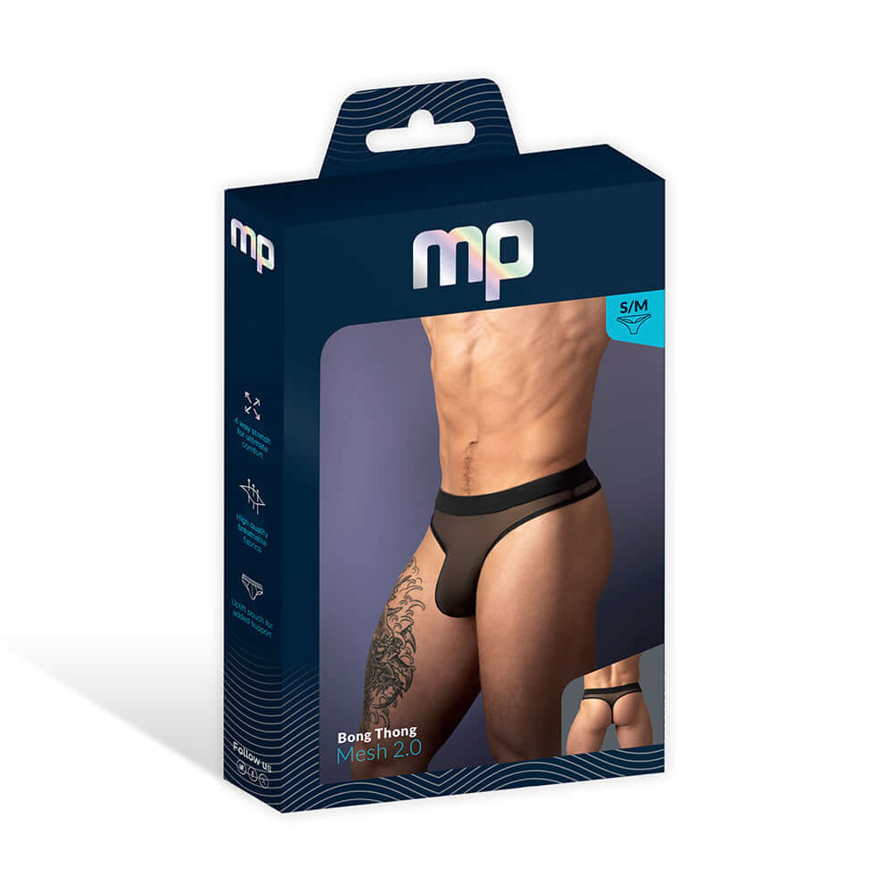 Male Power Mesh 2.0 Bong Thong Black L XL packaging displaying modern design and breathable mesh material.
