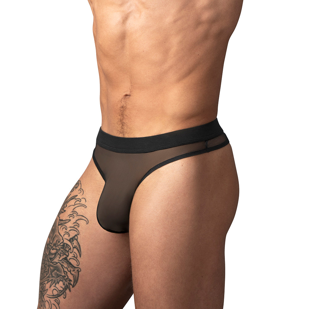 Male Power Mesh 2.0 Bong Thong Black L XL on model, showcasing modern design and breathable mesh fabric.