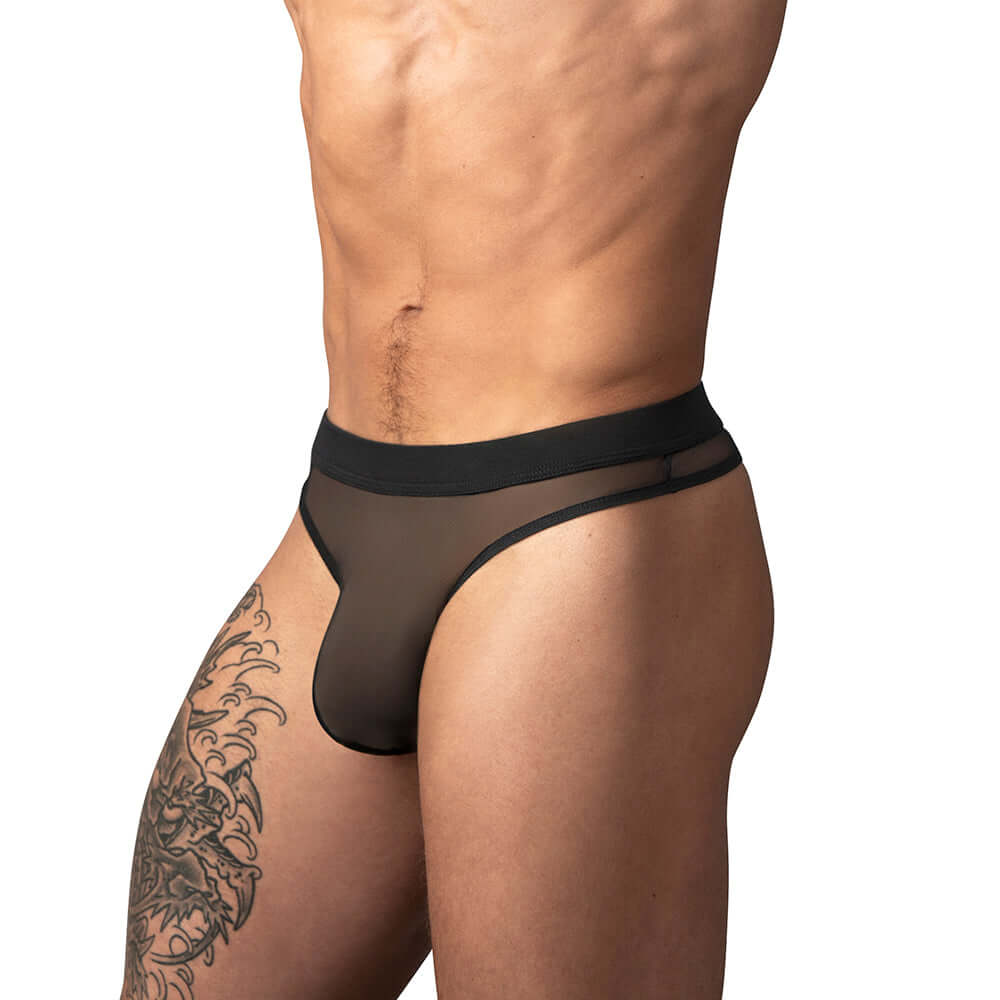 Male Power Mesh 2.0 Bong Thong Black L XL on model, showcasing modern design and breathable mesh fabric.