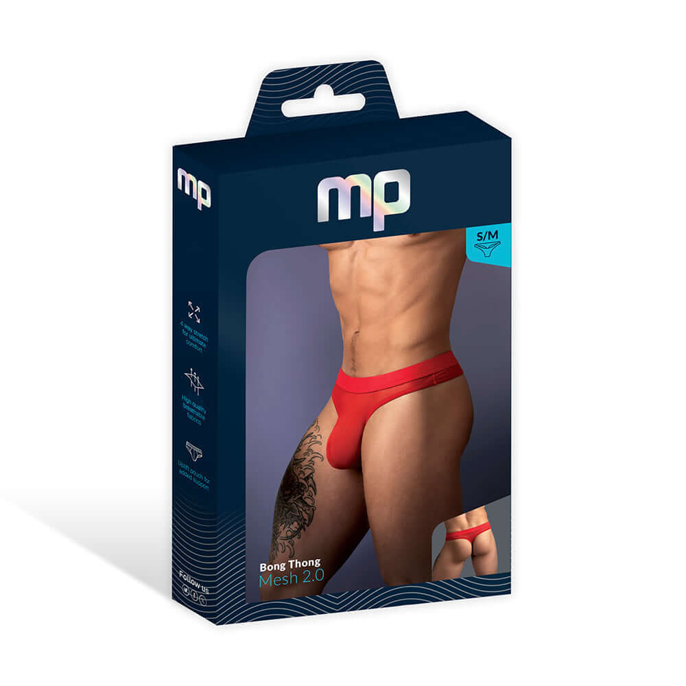 Male Power Mesh 2.0 Bong Thong Red L XL packaging showing sleek design and comfortable fit for men.