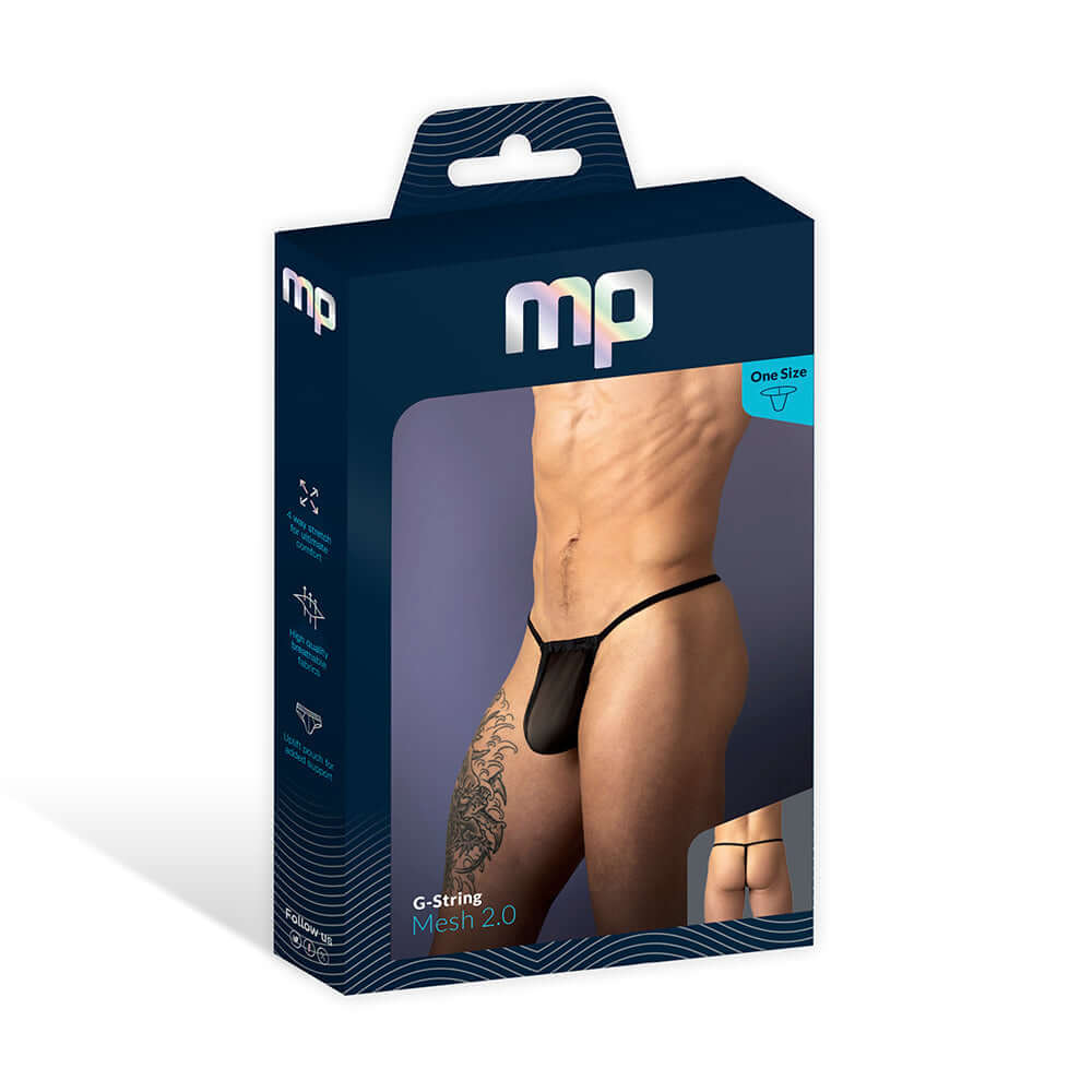Male Power Mesh 2.0 G-string Black OS packaging featuring minimalist design and breathable material.