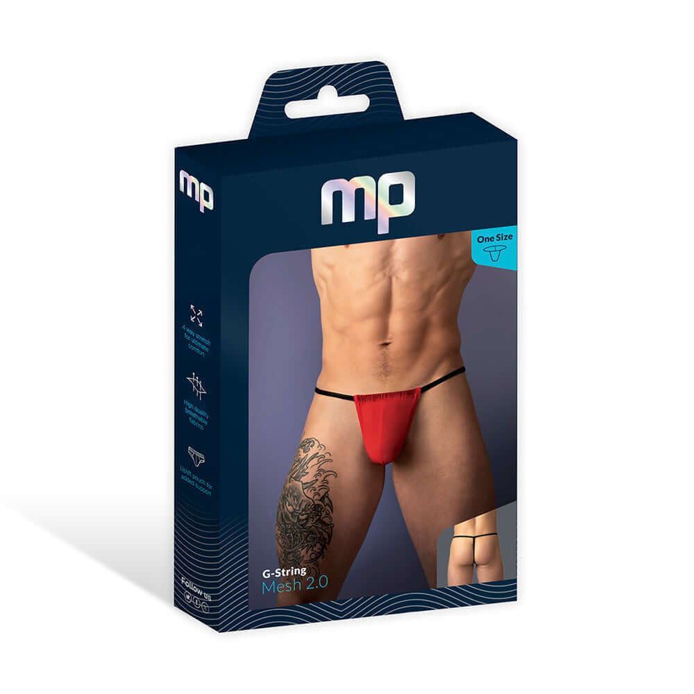 Male Power Mesh 2.0 G-string Red OS packaging showcasing minimalist design and breathable comfort.