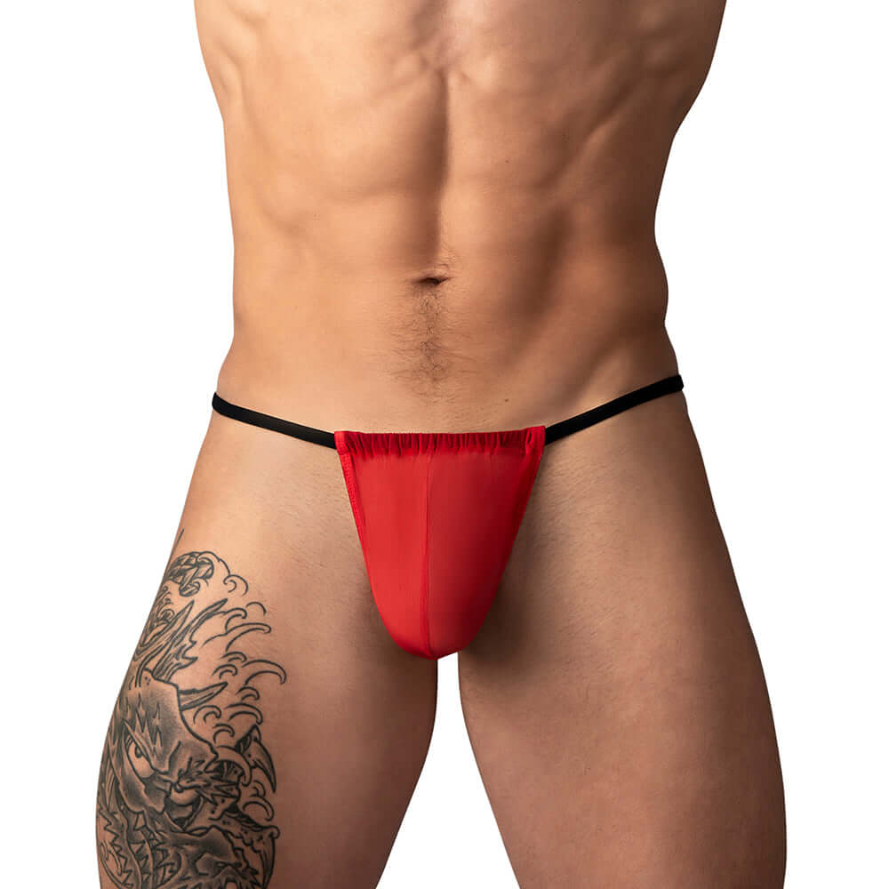 Male Power Mesh 2.0 G-string Red OS showcasing a minimalist design and breathable comfort on a male model.