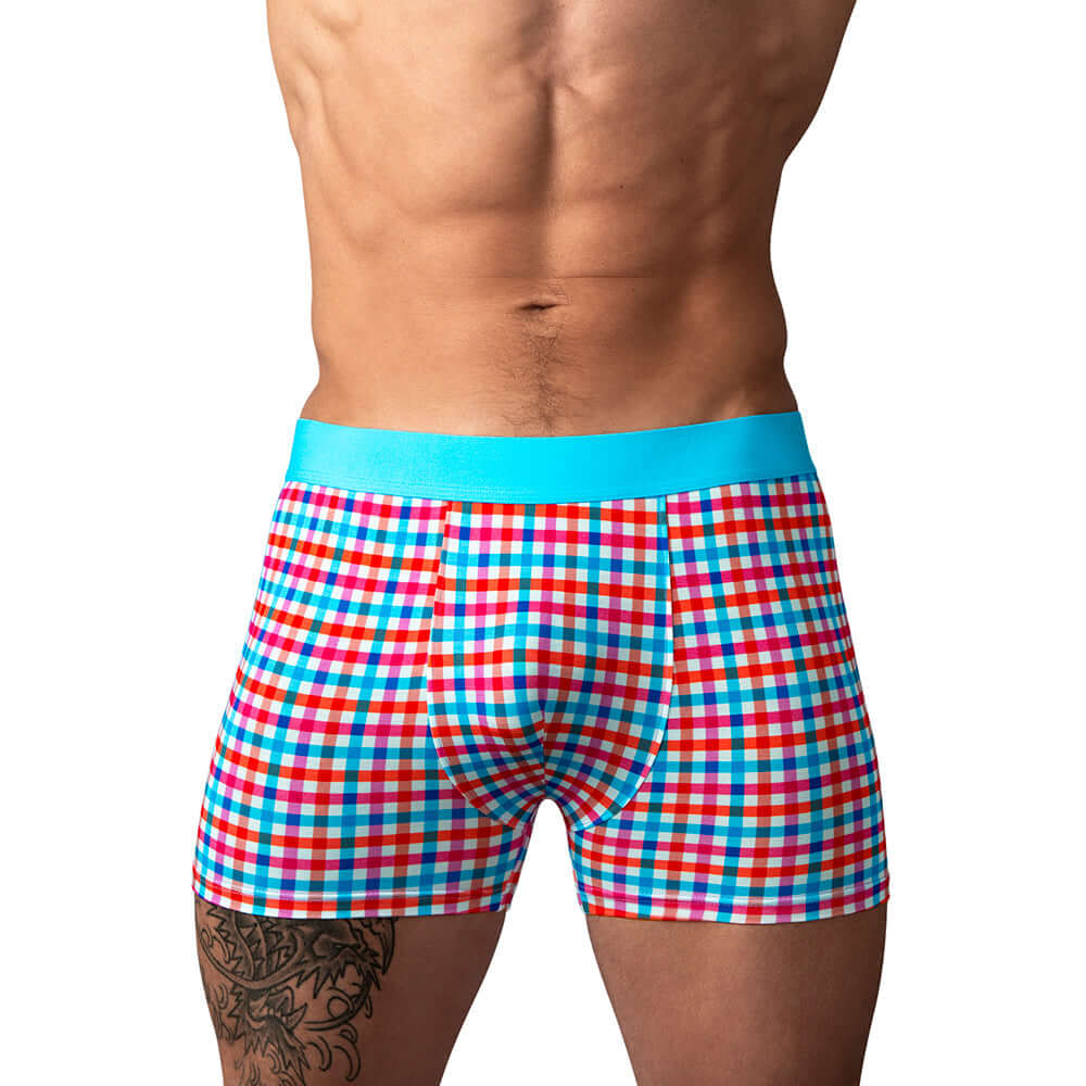 Male Power So Cumfy Gingham Boxer Brief Turquoise S worn by a man showcasing a fitted style with vibrant gingham pattern.