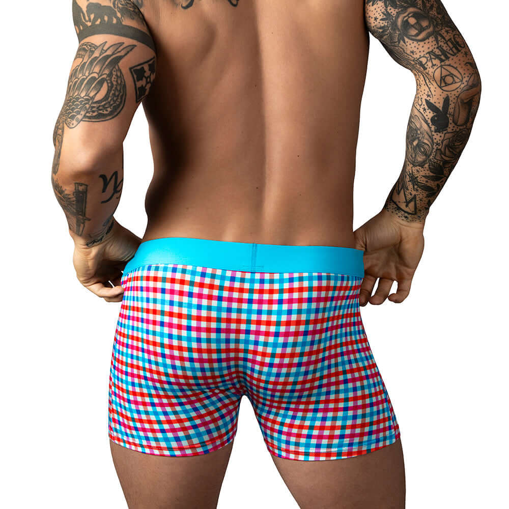 Male Power So Cumfy Gingham Boxer Brief Turquoise S worn by a model showing the back view with vibrant pattern.