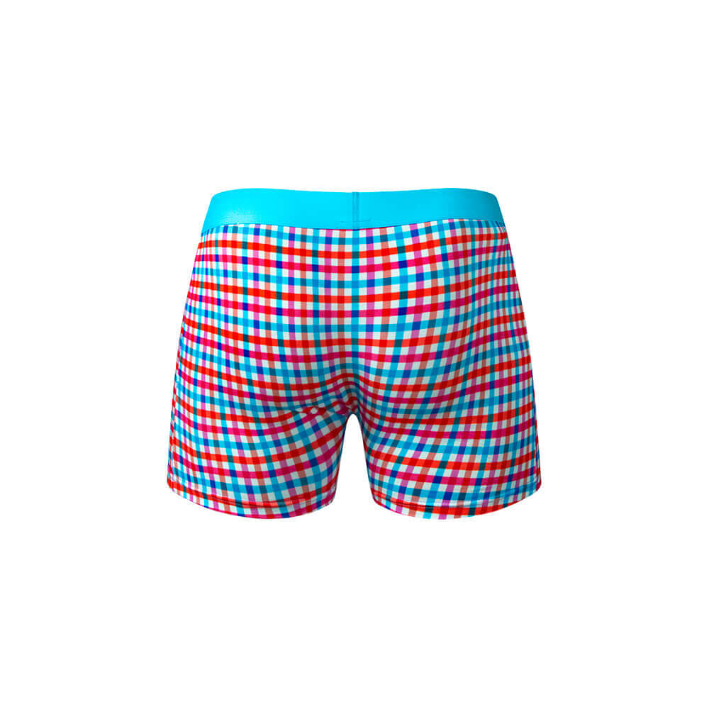 Male Power So Cumfy Gingham Boxer Brief Turquoise S - back view showing turquoise, red, and white gingham pattern.