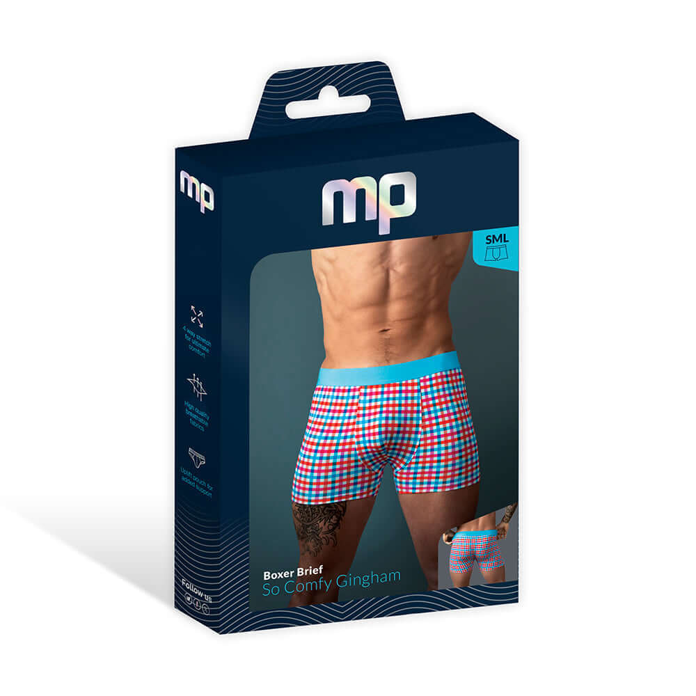 Male Power So Cumfy Gingham Boxer Brief Turquoise L packaging with vibrant colors and stylish design