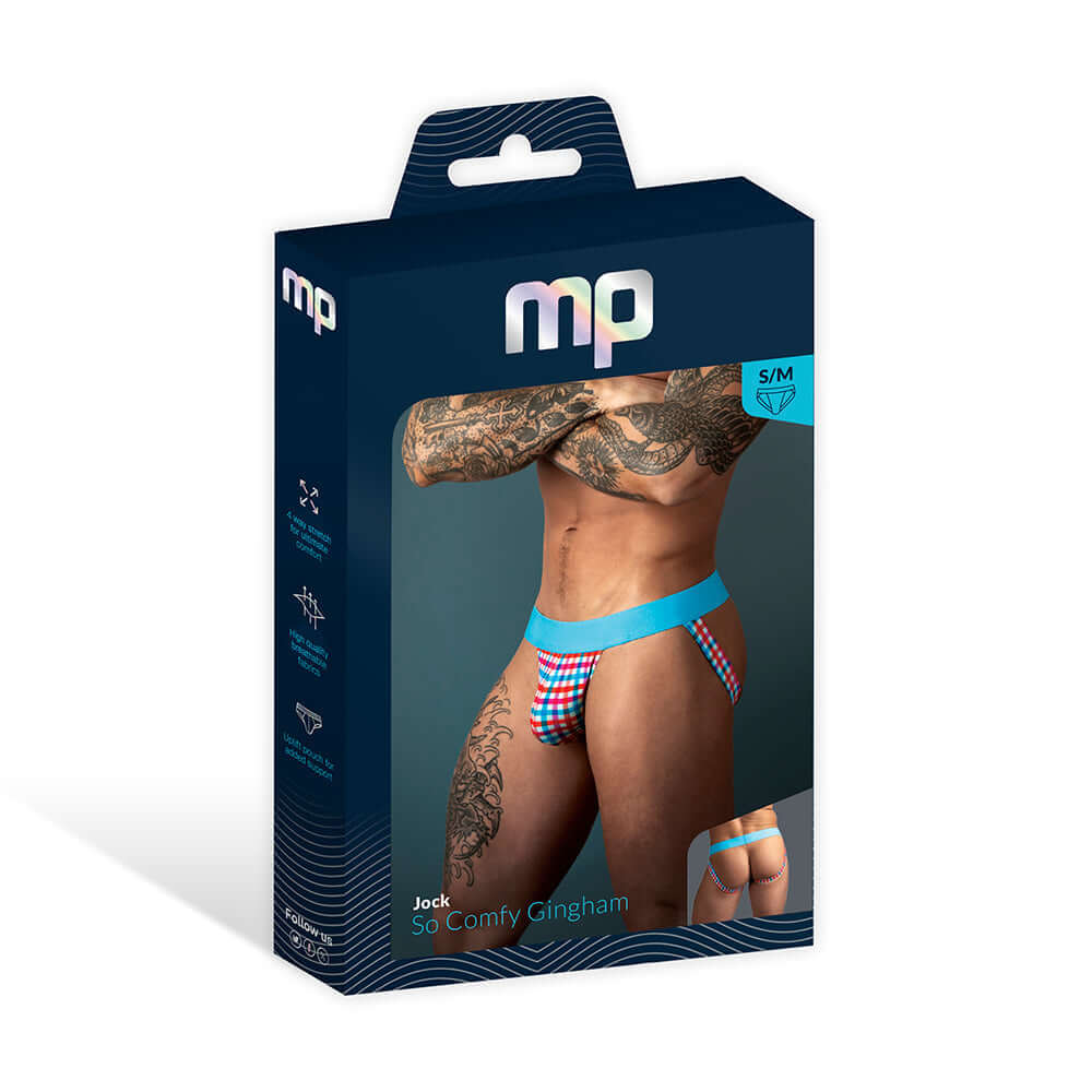 Male Power So Cumfy Gingham Jock Turquoise S M packaging showcasing vibrant design and athletic fit.