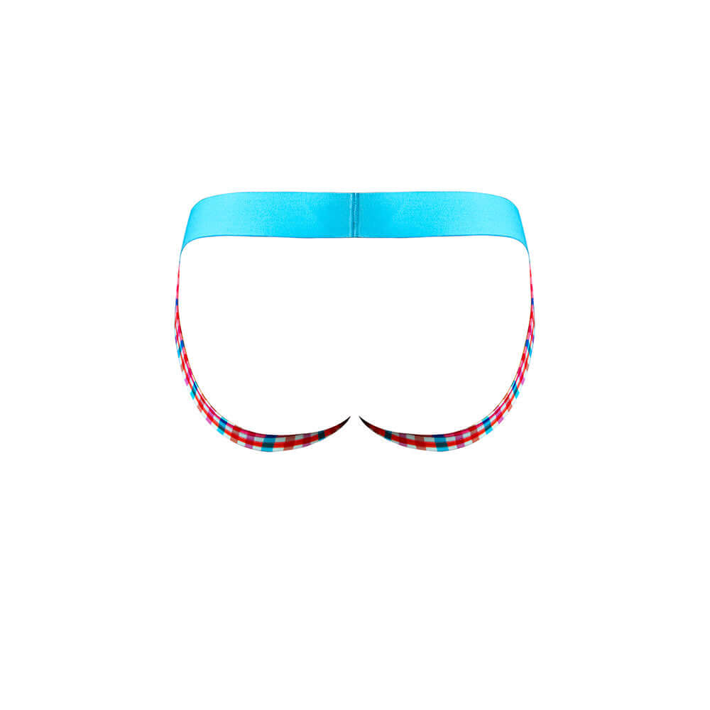 Male Power So Cumfy Gingham Jock Turquoise S M seen from the back, showcasing its vibrant turquoise and red gingham design.