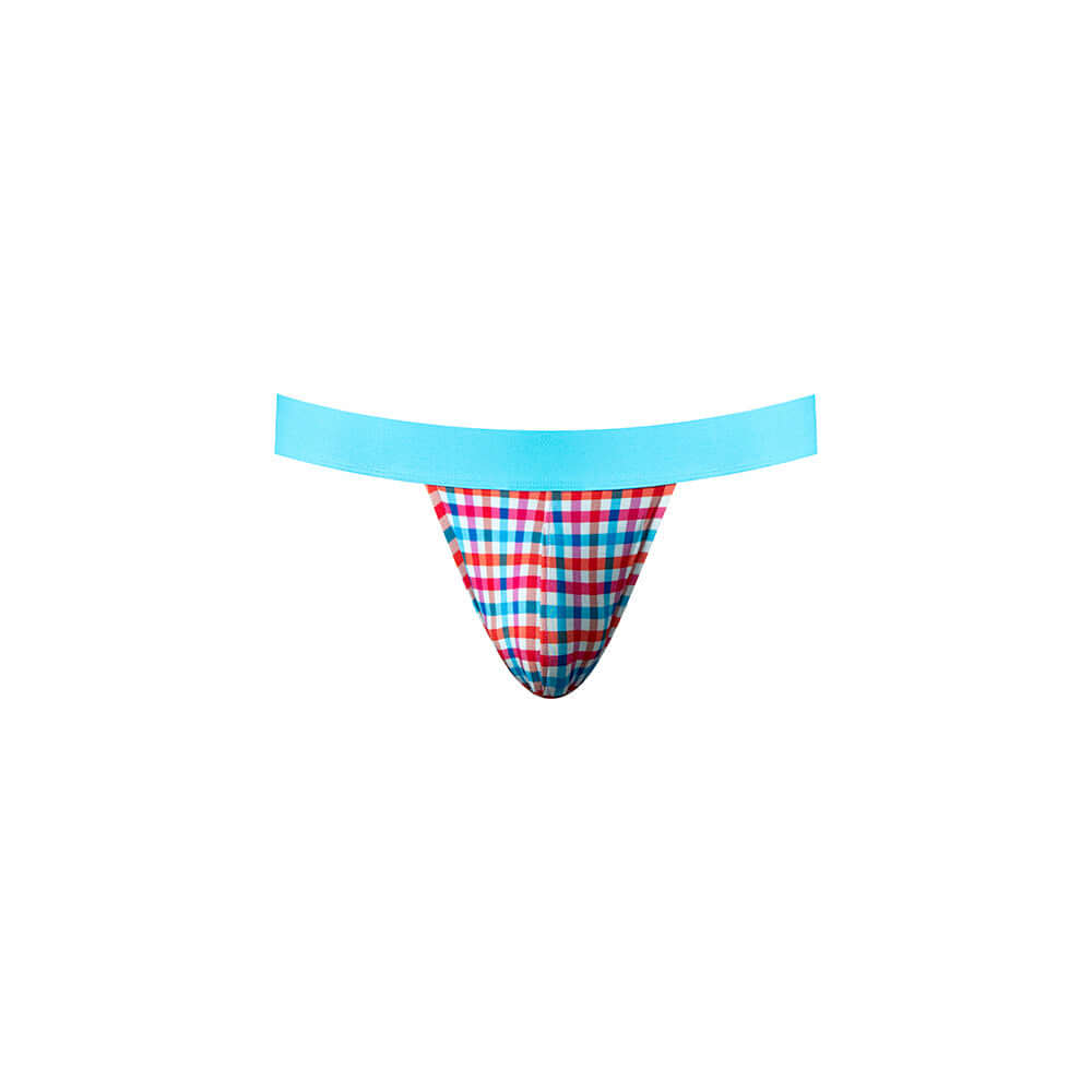 Male Power So Cumfy Gingham Jock Turquoise L XL featuring a vibrant turquoise gingham pattern and stylish design.
