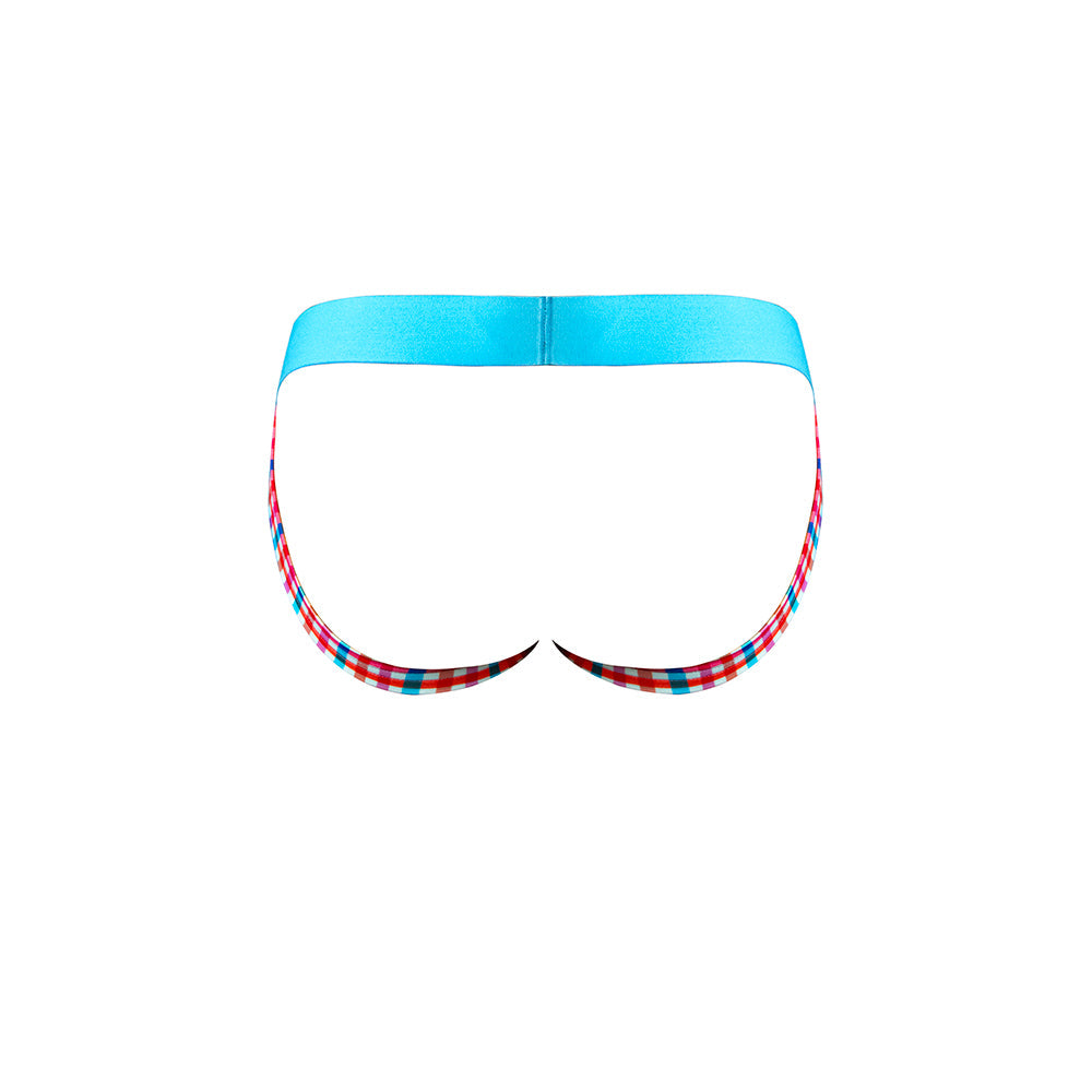 Male Power So Cumfy Gingham Jock Turquoise L XL back view showing colorful gingham pattern and soft waistband.