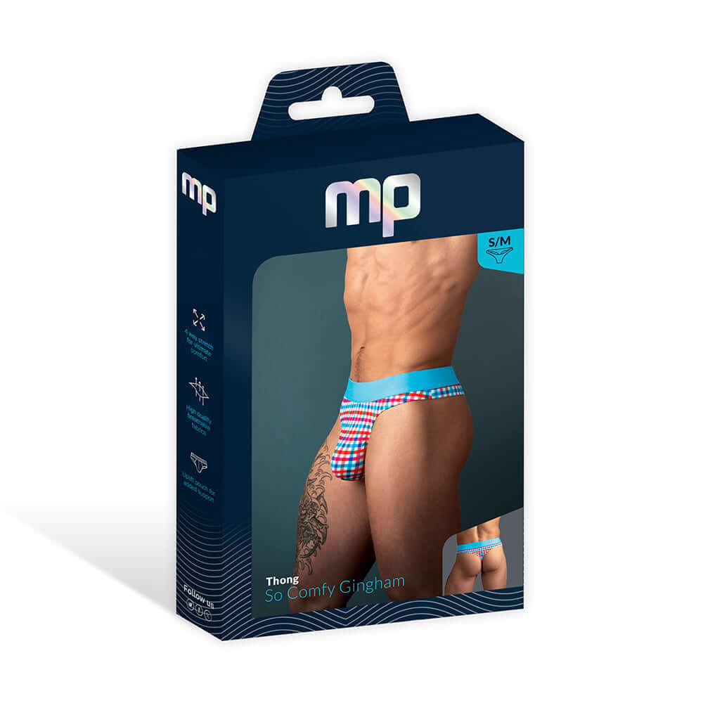 Male Power So Cumfy Gingham Thong Turquoise S M packaging featuring vibrant gingham pattern and lightweight design.