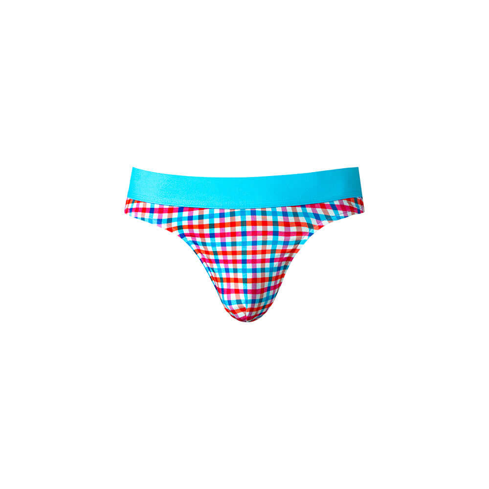Male Power So Cumfy Gingham Thong Turquoise S M with red and blue gingham pattern and a turquoise waistband.