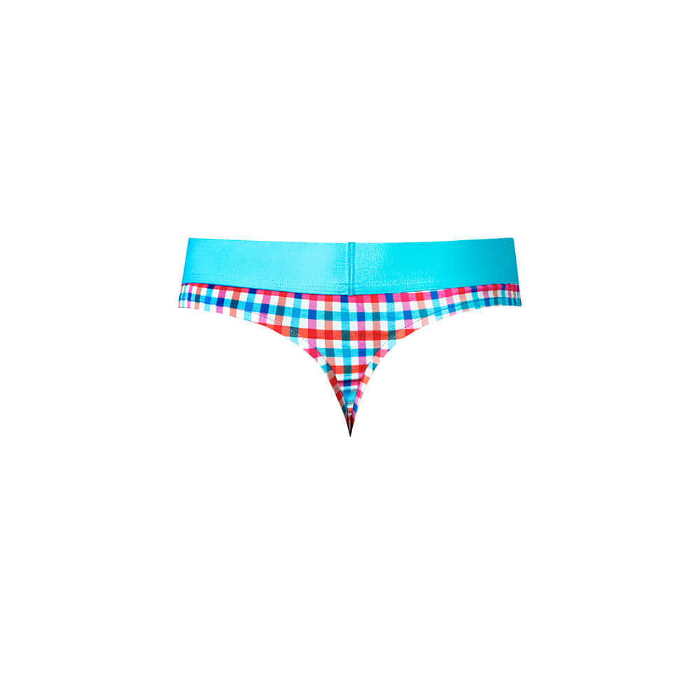 Male Power So Cumfy Gingham Thong Turquoise S M featuring vibrant gingham pattern and comfortable design.