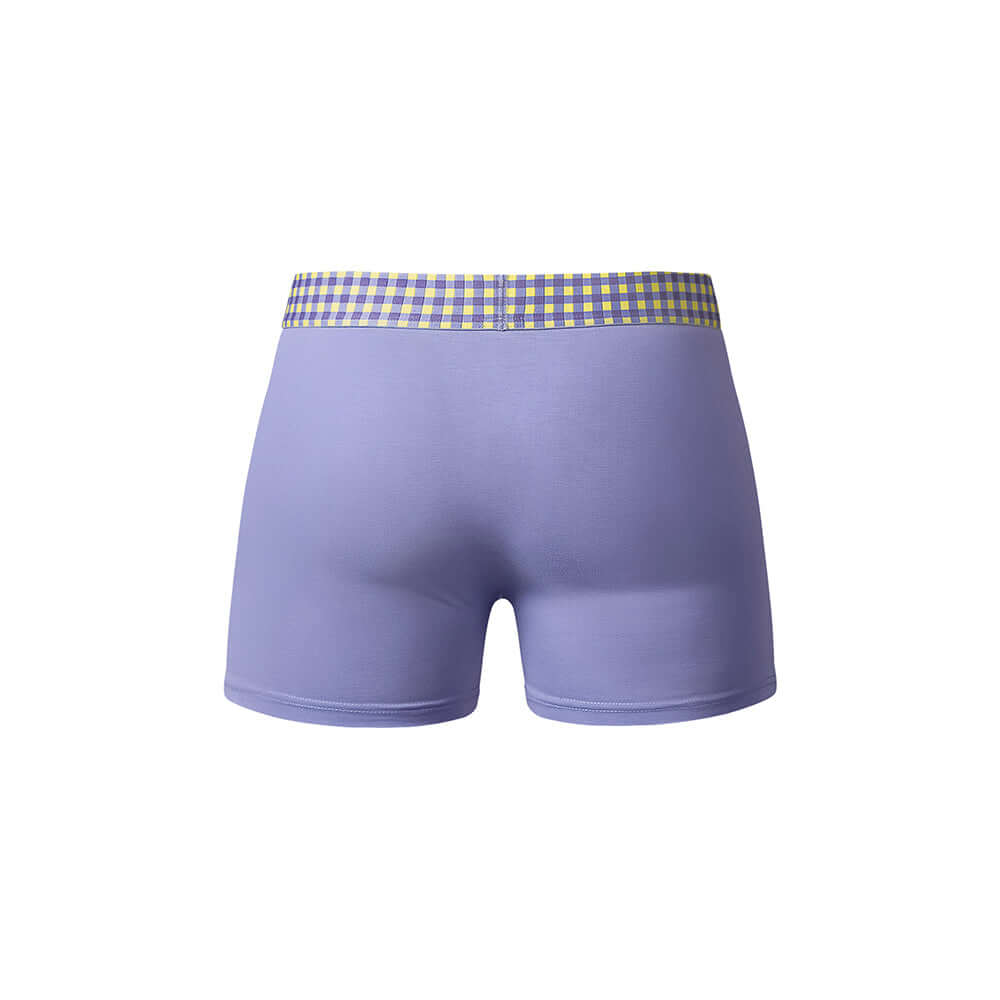 Male Power So Cumfy Gingham Boxer Brief Purple S showing back view with yellow gingham waistband.