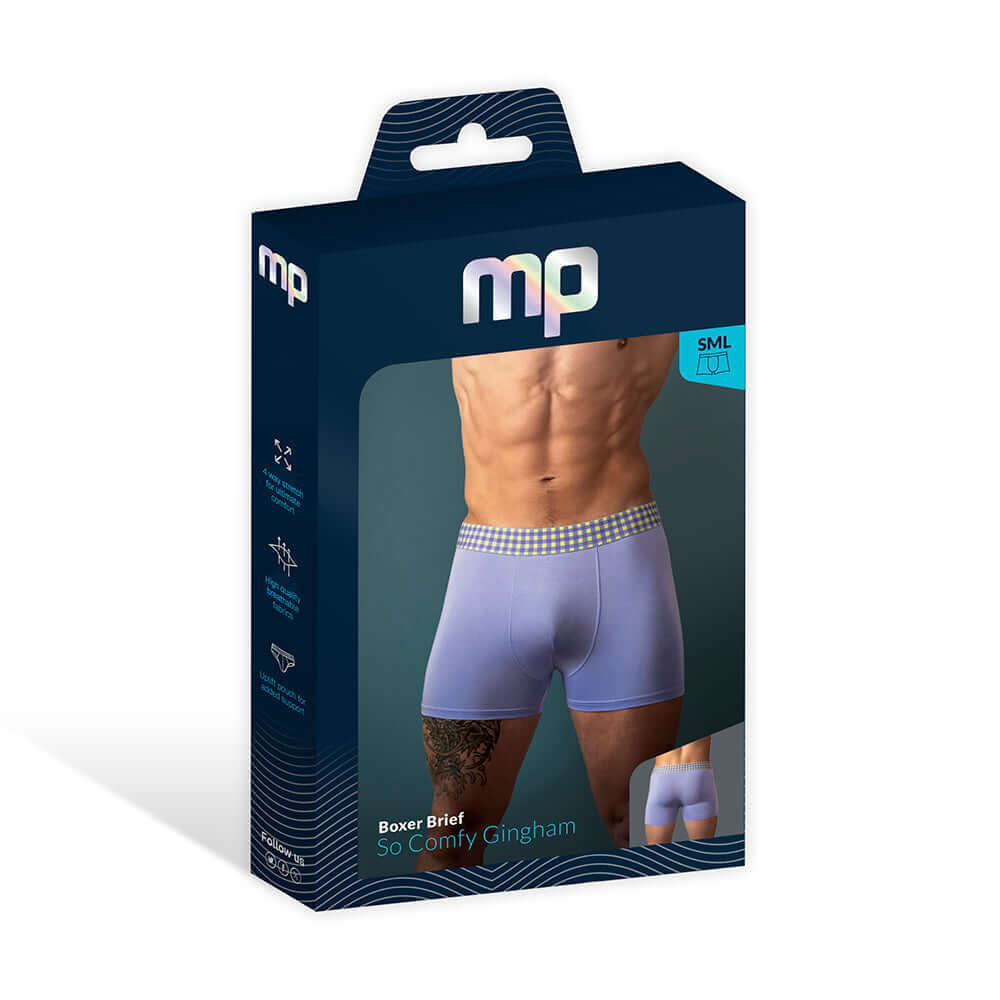 Male Power So Cumfy Gingham Boxer Brief Purple M packaging showcasing a boxer brief with gingham design.