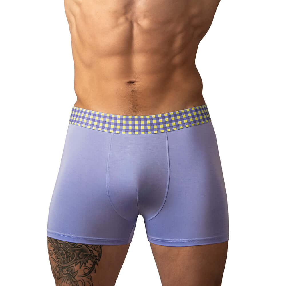 Male Power So Cumfy Gingham Boxer Brief Purple L showcasing modern style and comfort with breathable fabric.