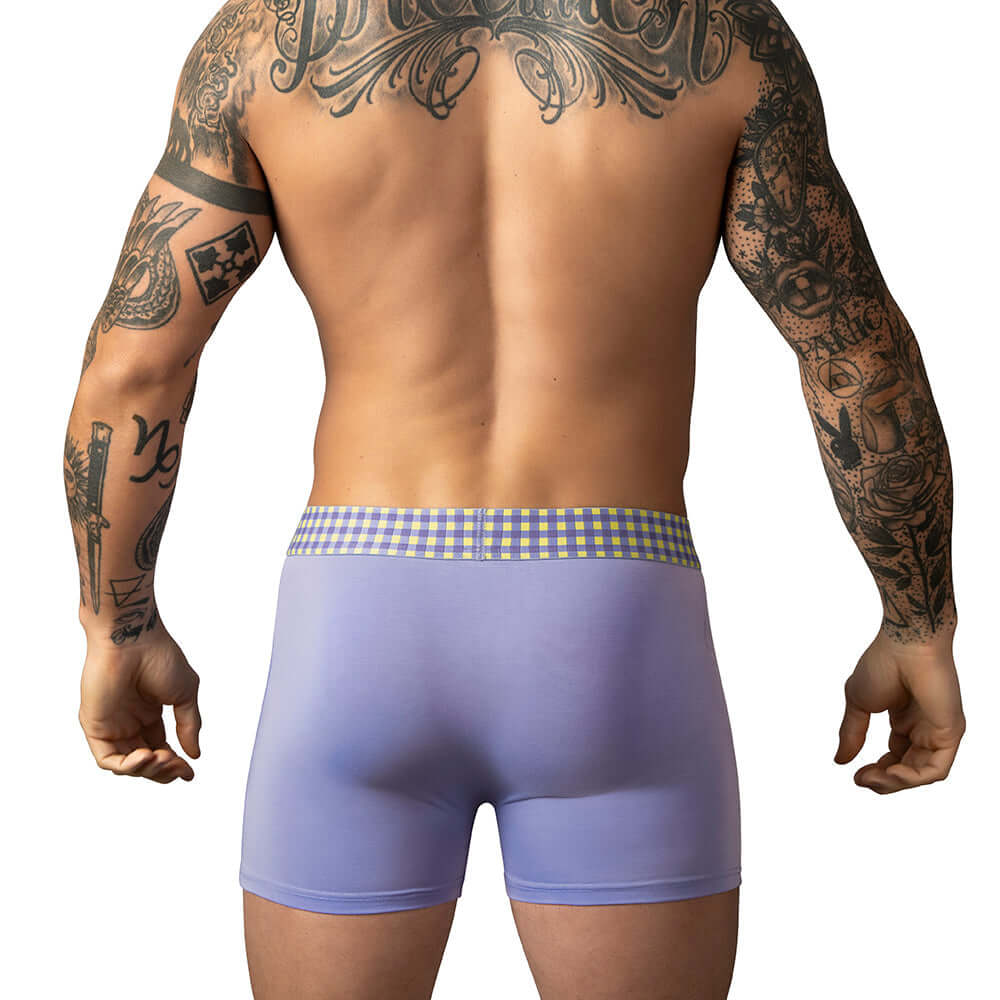 Male Power So Cumfy Gingham Boxer Brief Purple L, showing the back with vibrant gingham waistband.