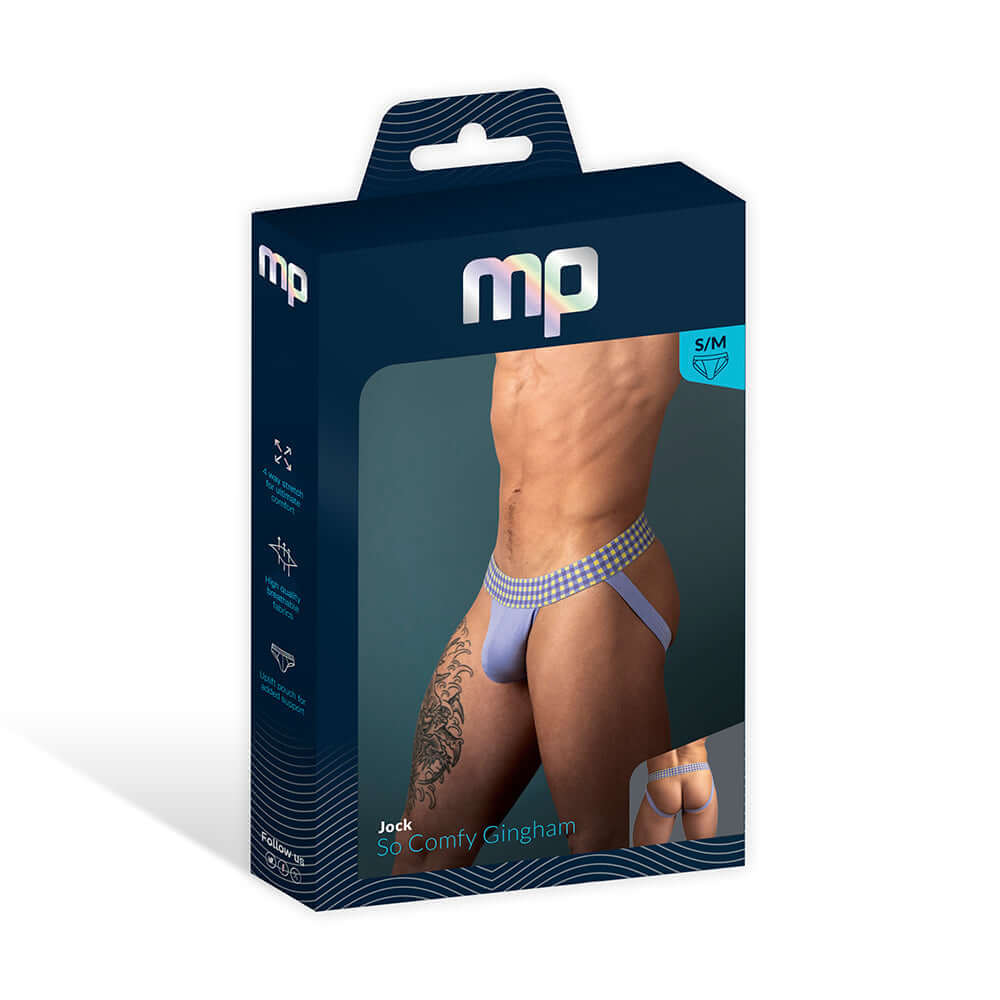 Male Power So Cumfy Gingham Jock Purple S M packaging showcasing modern design and athletic support.