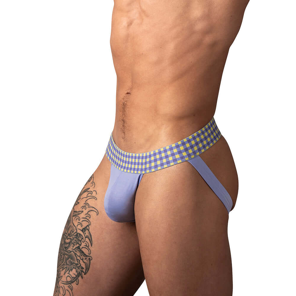 Male Power So Cumfy Gingham Jock Purple S M showcasing athletic design with breathable fabric and vibrant gingham pattern.