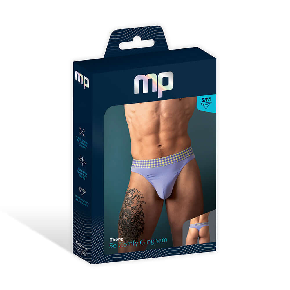 Male Power So Cumfy Gingham Thong Purple S M packaging with model showcasing vibrant purple design.