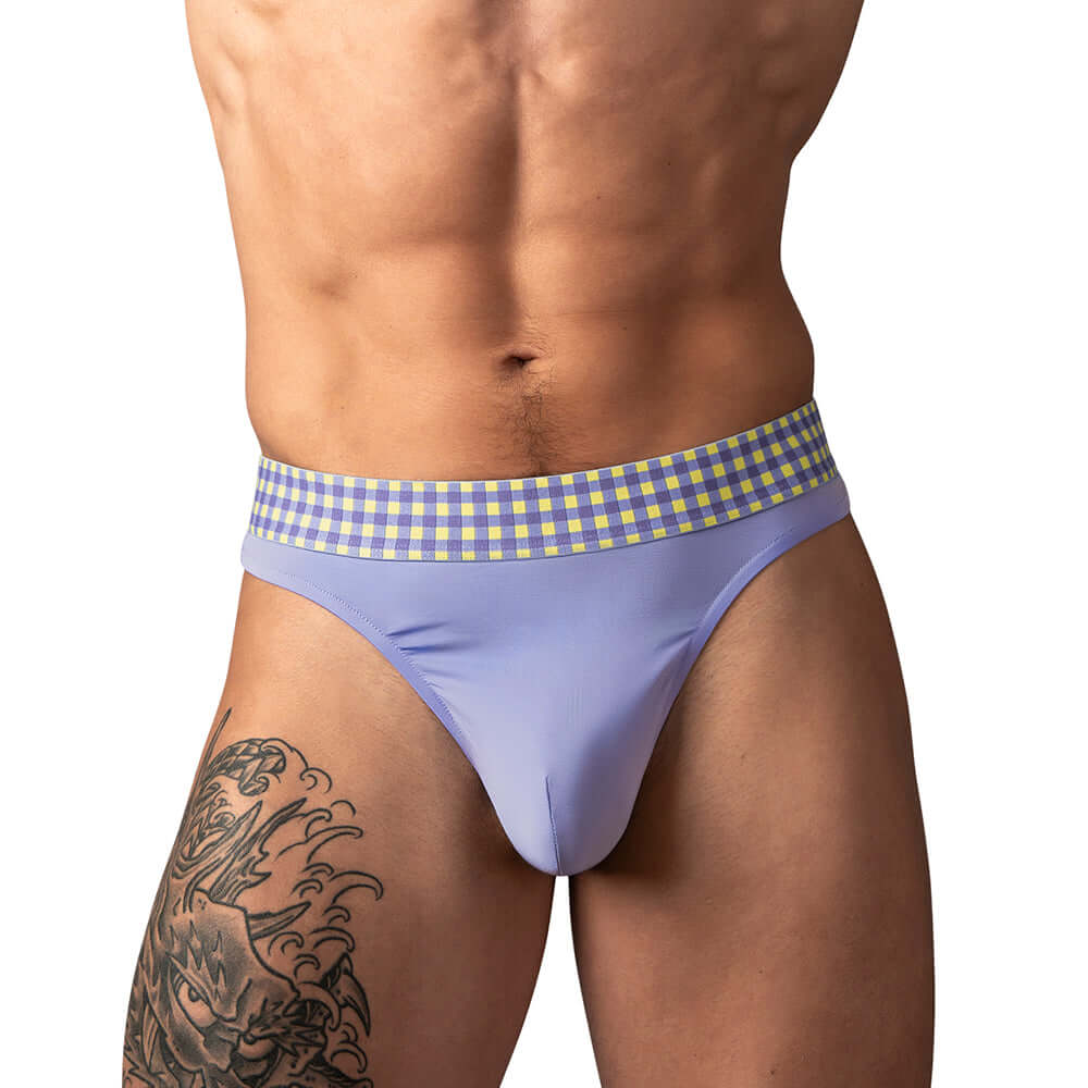 Male Power So Cumfy Gingham Thong Purple S M showcasing a vibrant purple gingham pattern and comfortable fit.