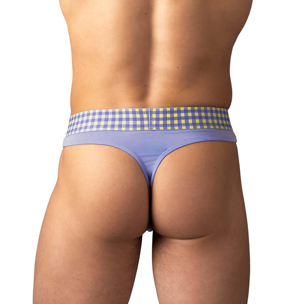 Male Power So Cumfy Gingham Thong Purple S M shown from the back, highlighting the gingham pattern and comfortable fit.