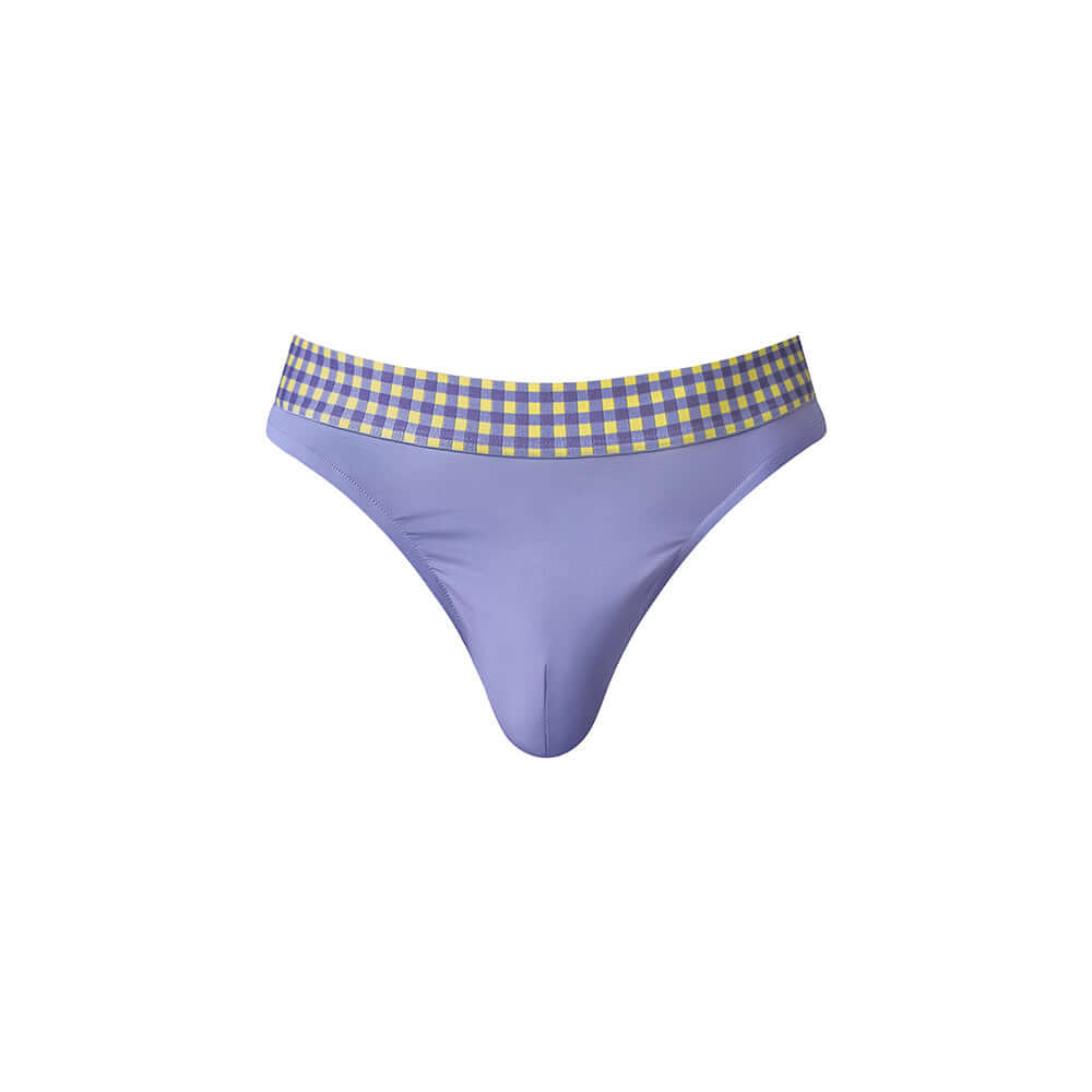 Male Power So Cumfy Gingham Thong Purple S M featuring a vibrant purple gingham pattern.