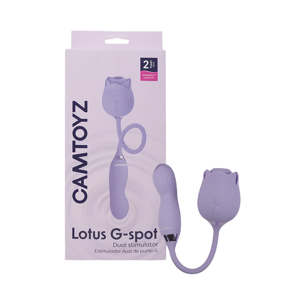 Camtoyz Lotus G-spot Stimulator packaging showing dual stimulator design for targeted pleasure.